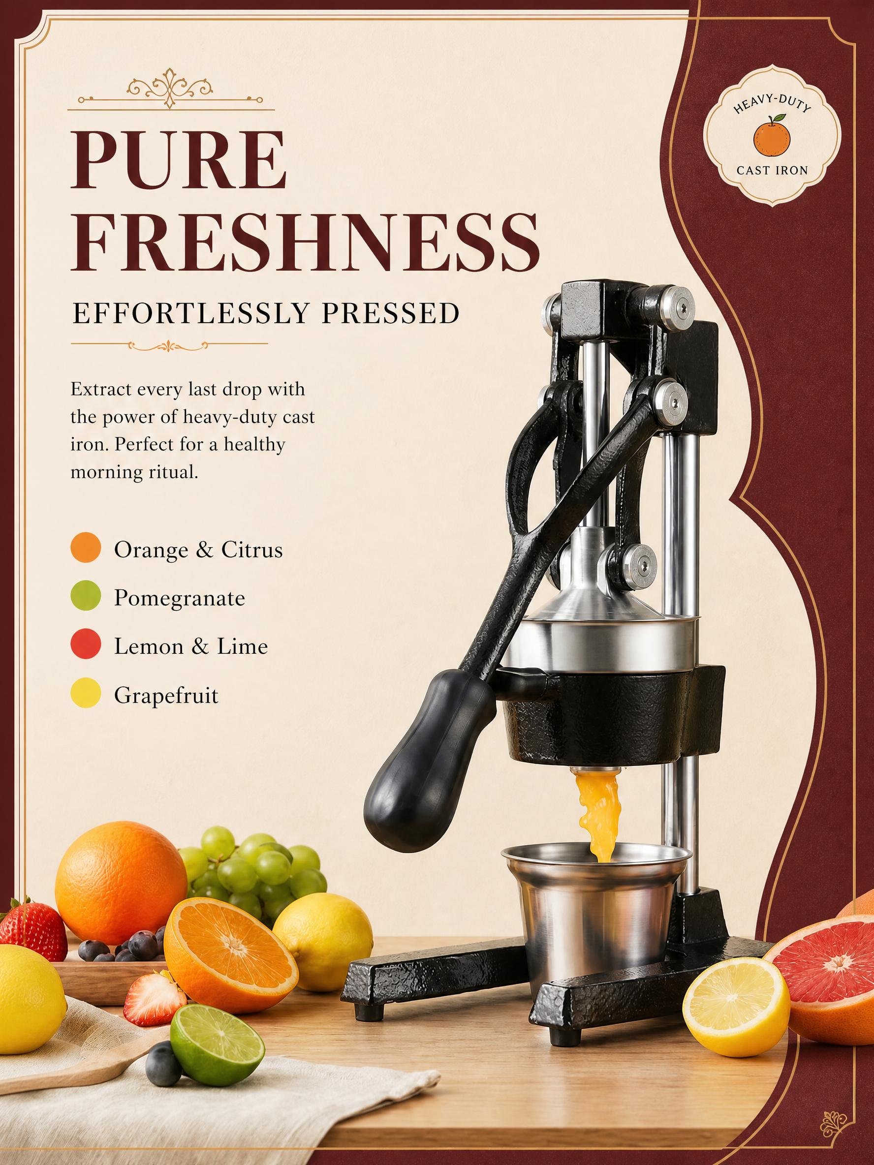Citrus Juicer Bar - เครื่องคั้นน้ำผลไม้แบบมือหมุน, เครื่องคั้นน้ำส้มแบบมือกด, เครื่องคั้นน้ำส้มและทับทิมแบบเหล็กหล่อแข็งแรงพร้อมถ้วยขนาด 400 มล., เครื่องคั้นน้ำผลไม้แบบกดมือสำหรับใช้ในบ้าน